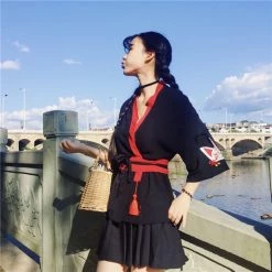 Juwas Japanese Fox Kitsune Black N’ Red Wrap Kimono NEW ARRIVAL