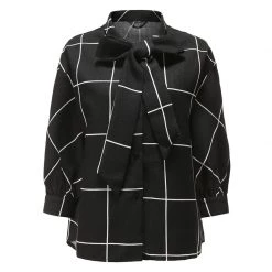 Juwas NEW ARRIVAL Square Pattern Black Ruffle Blouse Shirt