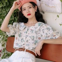 Juwas Floral Print Doll Collar Chiffon Shirt NEW ARRIVAL