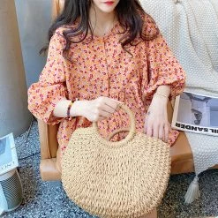 Juwas NEW ARRIVAL Vintage Floral Round Collar Loose Cotton Shirt