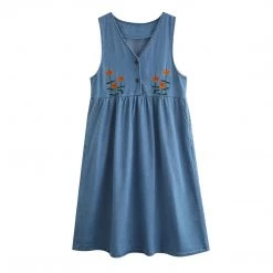 Juwas NEW ARRIVAL Japanese Doll Collar Floral Embroidery Loose Denim Dress