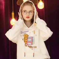 Juwas Cute Lucky Bear Loose Sweater Hoodie CLOTHING