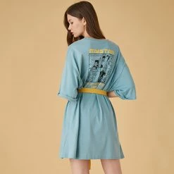 Juwas NEW ARRIVAL Letters Printed Loose T-shirt With Belt And Pocket