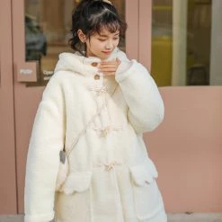 Juwas Kawaii White Fluffy Fur Hooded Winter Coat CLOTHING