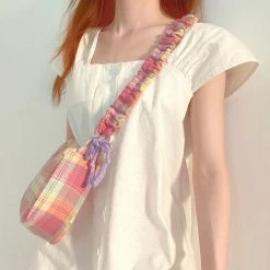 Juwas Lavender Daisy And Checkered Print Shoulder Bag
