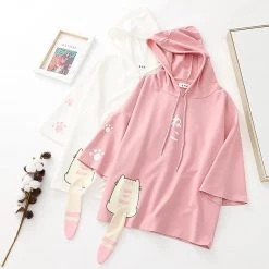 Juwas Cute Cat Tail Drawstring Hooded T-shirt