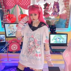 Juwas NEW ARRIVAL Japanese Animal Girls Print Sailor Collar Loose T-shirt