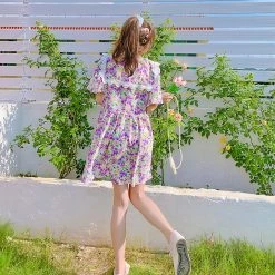 Juwas NEW ARRIVAL Lavender Print Lace Collar Short Baby Doll Dress