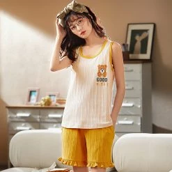Juwas Cartoon Bear Embroidery Summer Pajamas