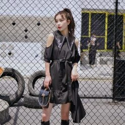 Juwas Black Rose Cut-Out Shoulder Dress