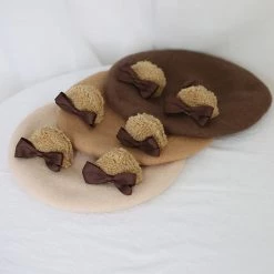 Juwas Cute Bear Ear Bowknot Beret Hat