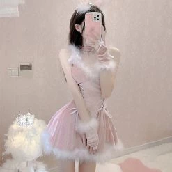 Juwas CLOTHING Sexy Lace Bunny Fur Lining Mini Dress