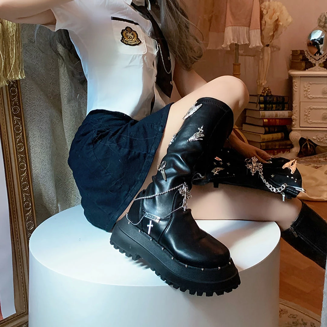 Juwas Gothic Metal Studs Chunky High Boots NEW ARRIVAL 8 Juwas Gothic Metal Studs Chunky High Boots NEW ARRIVAL