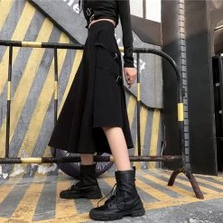 Juwas Gothic Chic Irregular Cargo Midi Skirt