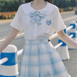 Juwas School Girl JK Uniform Sky Blue Plaid Bow Ties