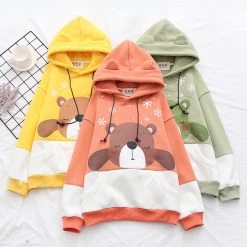 Juwas Cute Bear Snowflake Print Pocket Hoodie CLOTHING