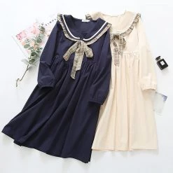 Juwas Sailor Collar Bow Knot Long Sleeve Dress CLOTHING