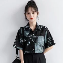 Juwas Vintage Letters Print Pocket Short Sleeve Shirt