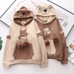 Juwas CLOTHING Bear Embroidery Drawstring Pocket Hoodie