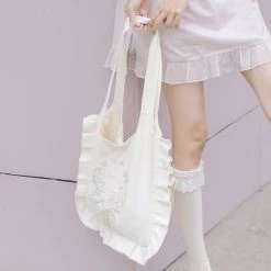 Juwas HOME&LIFESTYLE Japanese Bouquet Embroidery Ruffles Tote Bag