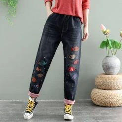 Juwas Pants Retro Fishes Embroidery Elastic Waist Jeans
