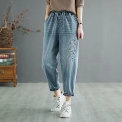 Juwas Retro Flower Embroidery Elastic Waist Cropped Jeans NEW ARRIVAL