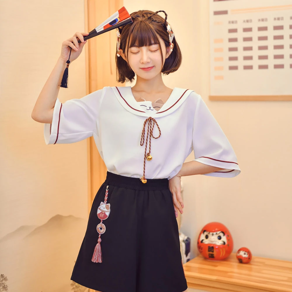 Juwas Kawaii Sailor Lucky Cat Tassel Shirt 5 Juwas Kawaii Sailor Lucky Cat Tassel Shirt