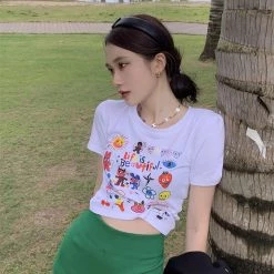 Juwas NEW ARRIVAL Life Is Beautiful Letter Cartoon Print Short T-shirt