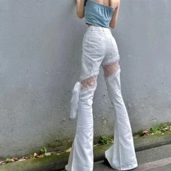 Juwas Chic White Lace Mesh Cut Wide Leg Jeans