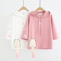 Juwas Cute Cat Tail Drawstring Hooded T-shirt