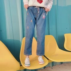 -Juwas NEW ARRIVAL Elastic Waist Rabbit And Carrot Embroidery Jean