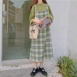 Juwas CLOTHING Green Plaid Long Dress Oversized Shirt Set