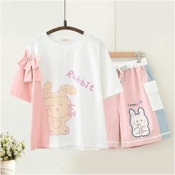 Juwas NEW ARRIVAL Cartoon Rabbit Print Bowknot T-shirt Shorts Set