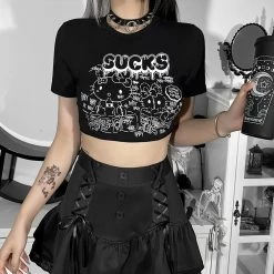 Juwas NEW ARRIVAL Black Cartoon Doodle Printed Crop Top