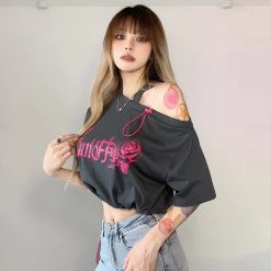 Juwas Rose Letters Print Off Shoulder Short T-shirt