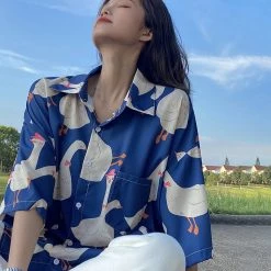 Juwas Harajuku Vintage Ducks Print Shirt