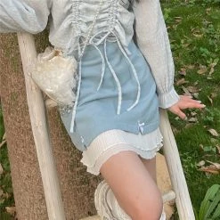 Juwas Ribbon Lace Up Ruffle High Waisted Denim Skirt