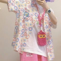 Juwas NEW ARRIVAL Vintage Smile Print Loose Short Sleeve Shirt 13 Juwas NEW ARRIVAL Vintage Smile Print Loose Short Sleeve Shirt