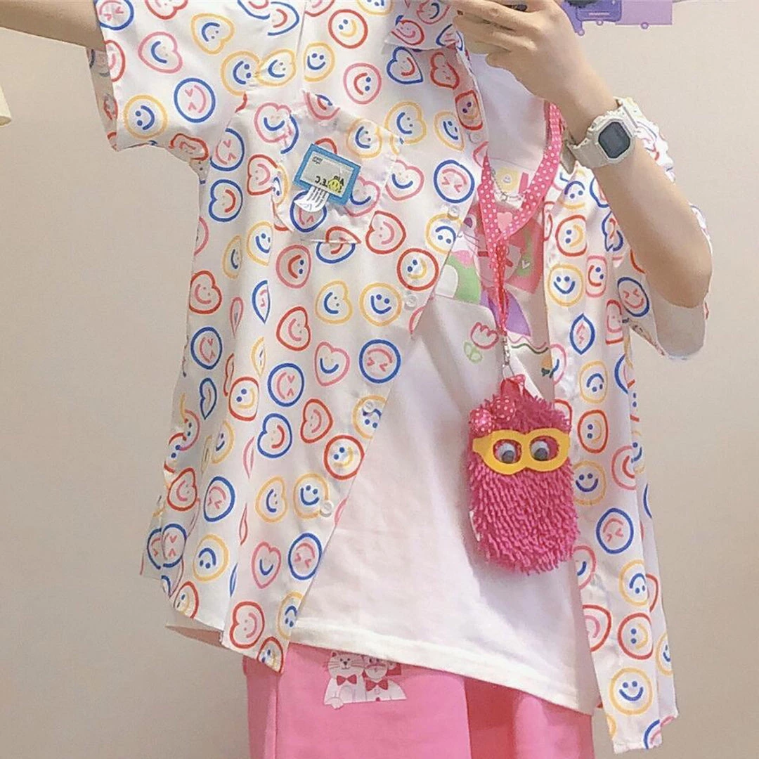 Juwas NEW ARRIVAL Vintage Smile Print Loose Short Sleeve Shirt 7 Juwas NEW ARRIVAL Vintage Smile Print Loose Short Sleeve Shirt