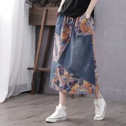 Juwas CLOTHING Retro Flower Patch Denim Midi Skirt
