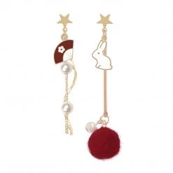 Juwas Red Fur Ball Bunny Earrings
