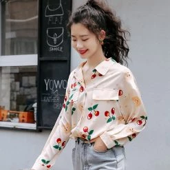 Juwas Vintage Style Cherries Long Sleeve Shirt