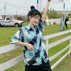 Juwas Japanese Cat Print Loose Shirt NEW ARRIVAL