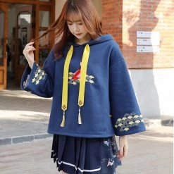 -Juwas Koi Fish Print Tassel Detail Loose Hoodie NEW ARRIVAL