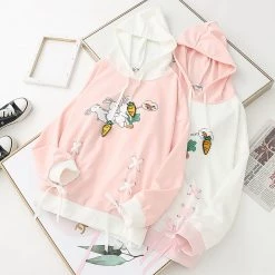 Juwas Cute Cartoon Rabbit Carrot Print Lace Up Hoodie CLOTHING