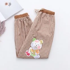 Juwas Cartoon Bear Print Plaid Pants NEW ARRIVAL