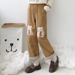 Juwas Bear Embroidery Corduroy Ninth Pants