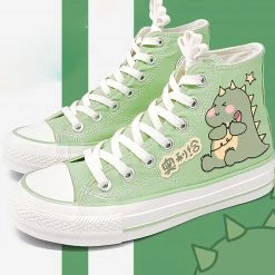 Juwas Cute Cartoon Green Little Dinosaur Canvas Sneaker