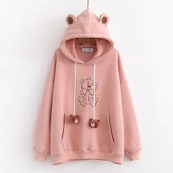Juwas Bear Embroidery Drawstring Warm Hoodie CLOTHING