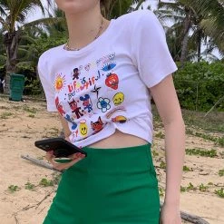 Juwas NEW ARRIVAL Life Is Beautiful Letter Cartoon Print Short T-shirt